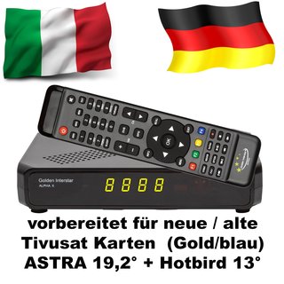 Golden Interstar ALPHA X Tivusat Mediaset und Astra vorprogrammiert CA H.265 HEVC Full HD Multistream Sat DVB-S2+IP Receiver